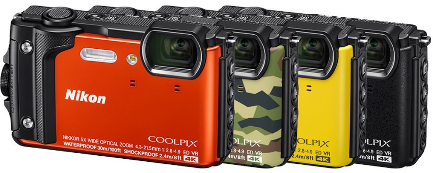 Nikon Coolpix W300 существует в четырёх цветовых вариантах: чёрном, оранжевом, жёлтом и камуфляжном.