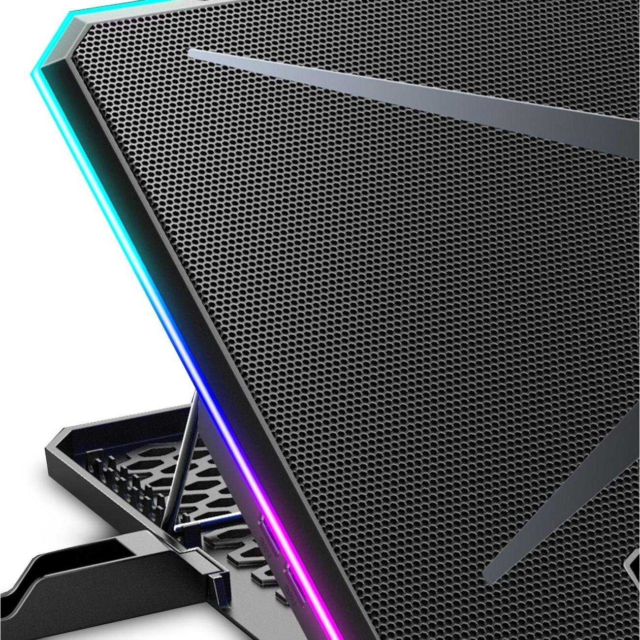 Регулируемая подставка для игровых ноутбуков, 6 вентиляторов, RGB LED подсветка, 10 углов наклона, держатель для смартфона, 2 USB, для экрана 13
