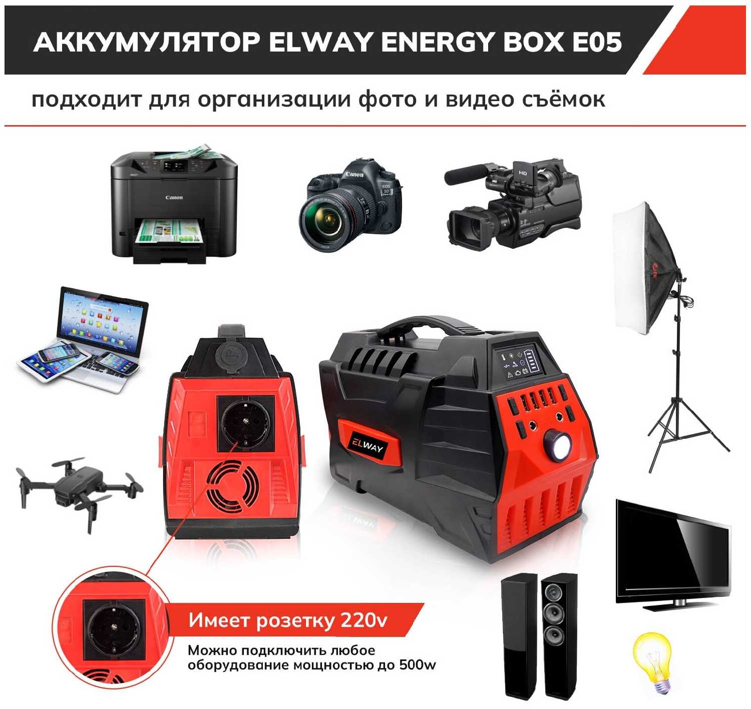 Портативный аккумулятор ELWAY Energy Box E05 110000mAh, с розеткой 220В/500Вт + чехол фотография 11