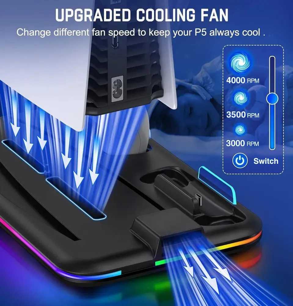 Стенд PlayStation 5 FAT подставка c охлаждением и подсветкой PS5 Slim и докстанцией и хранение дисков фотография 3