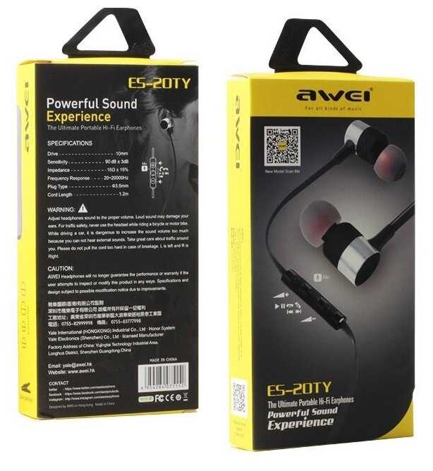 Наушники проводные Awei ES-20TY черные с микрофоном и сменными насадками фотография 4