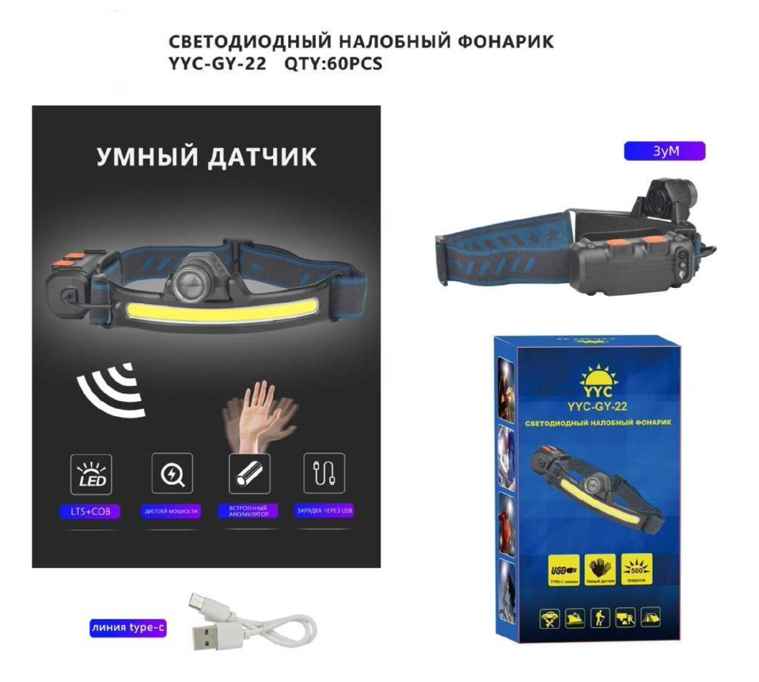 Фонарик налобный аккумуляторный светодиодный (гибкая COB панель + боковой светодиод, датчик движения) фотография 1