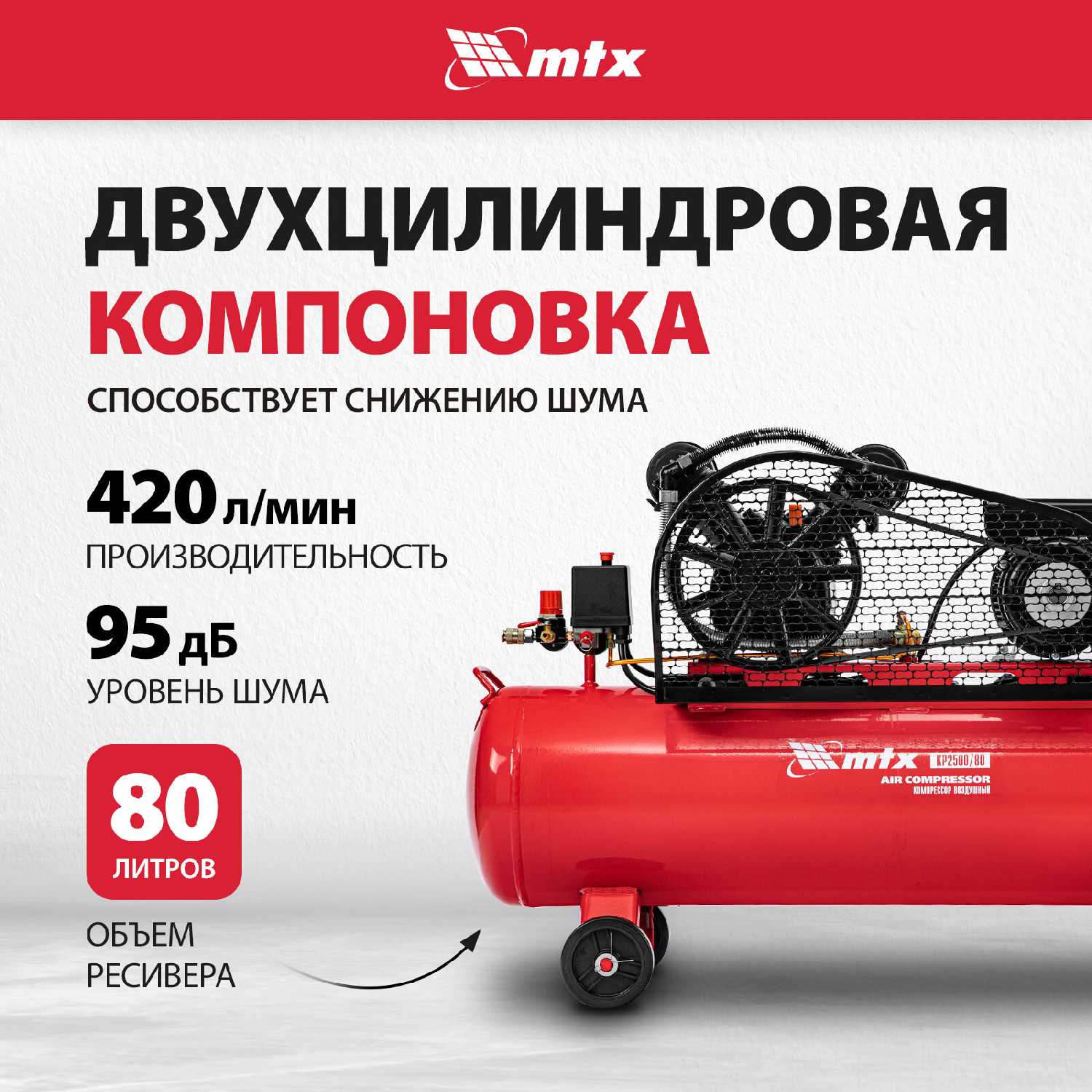 Компрессор воздушный МТХ Компрессор воздушный ременный привод КР2500/80 (58022)