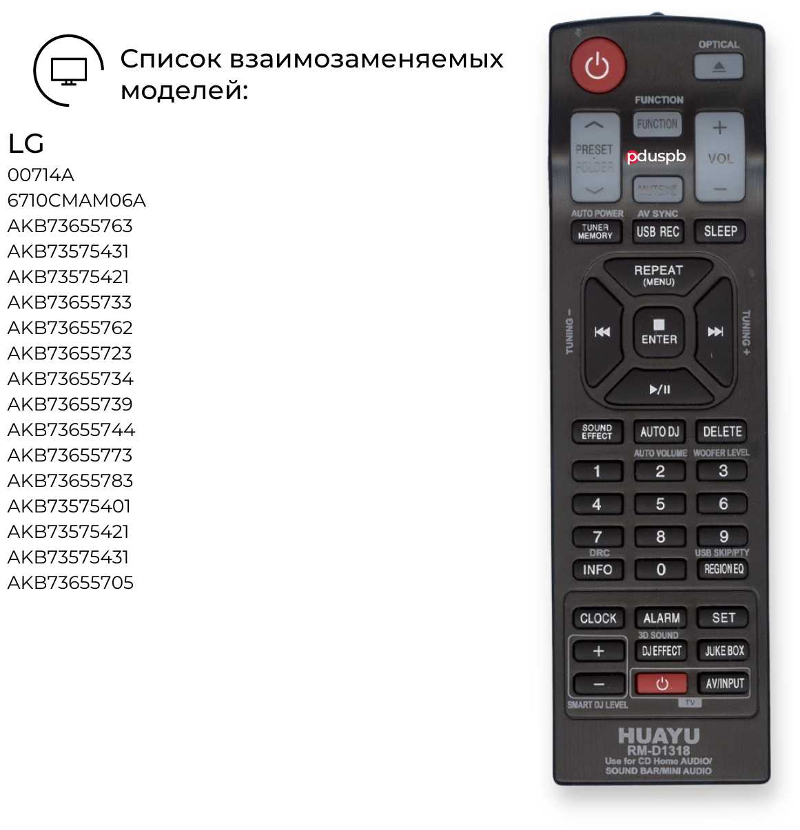 Пульт PDUSPB универсальный RM-D1318 для аудиосистем марки LG фотография 2