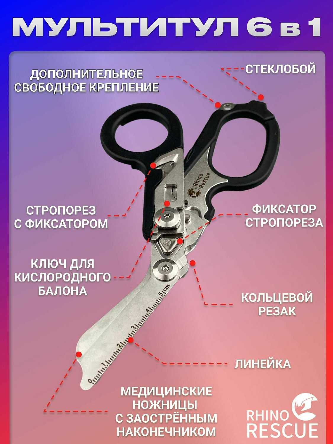 Тактические ножницы Rhino Rescue Тактические туристические ножницы мультитул 6в1 фотография 6