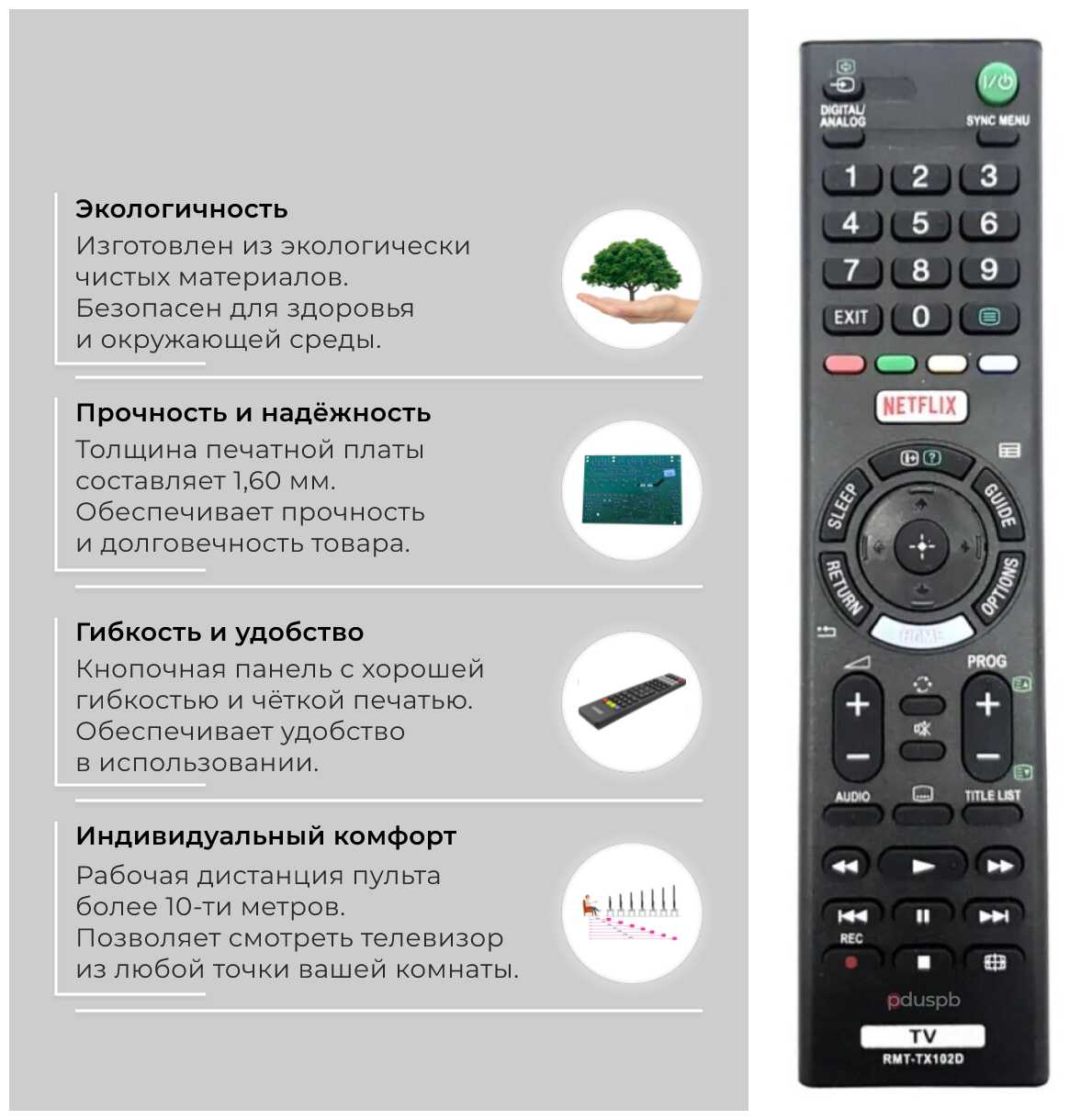 Пульт PDUSPB RMT-TX102D NETFLIX для телевизора Sony Smart TV фотография 4