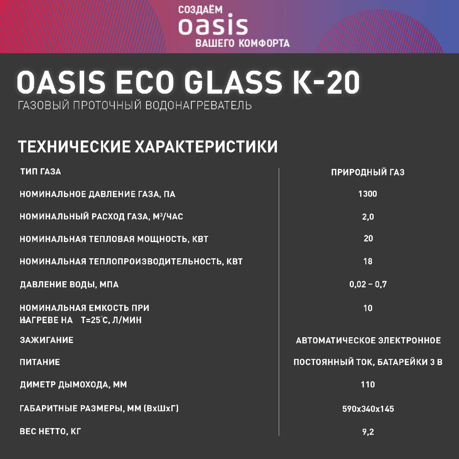 Газовая колонка Oasis Eco K-20 фотография 2