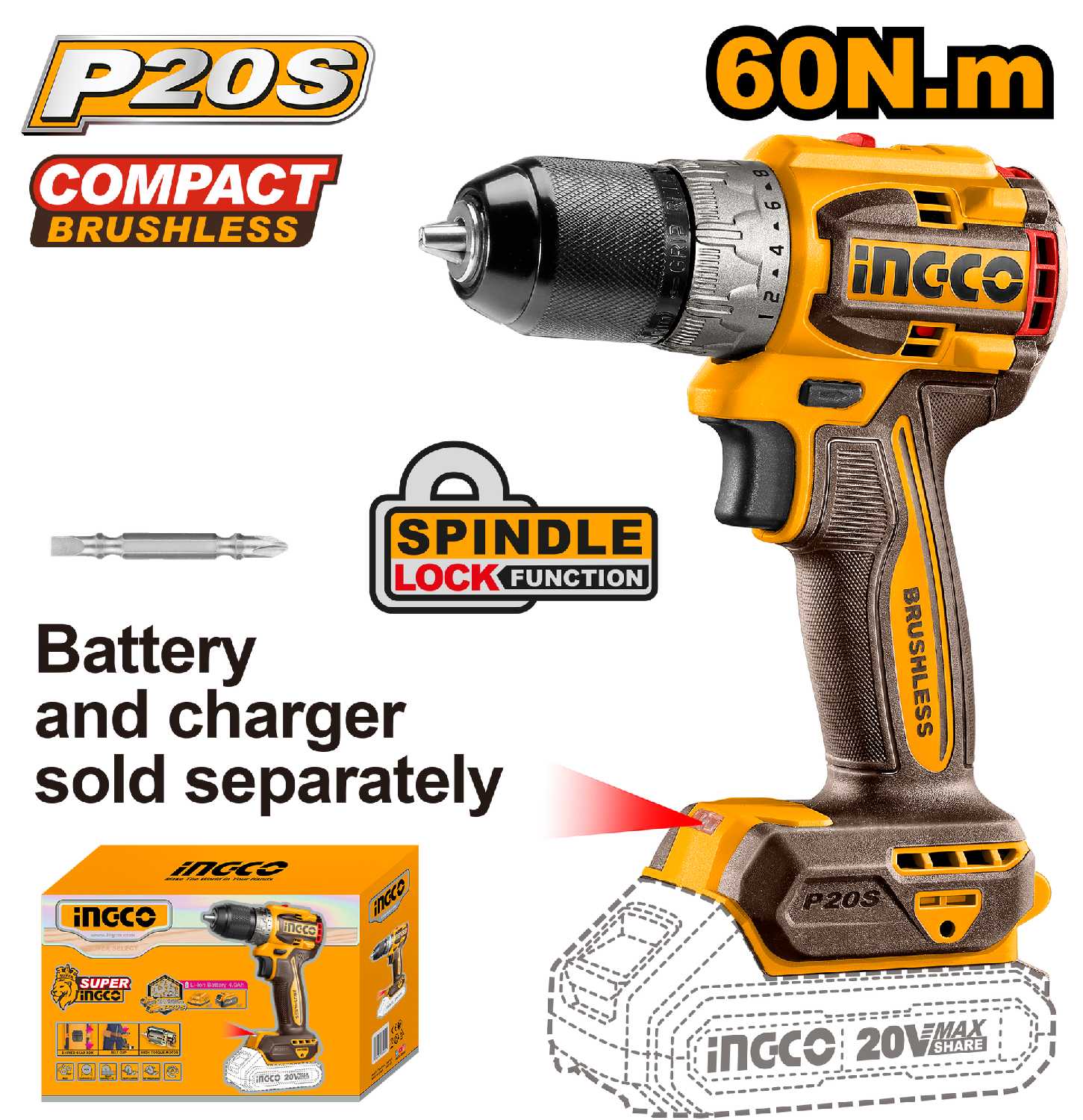 Аккумуляторный бесщеточный шуруповерт INGCO CDLI206021 INDUSTRIAL 20 В 60 Нм 22+1 фотография 4