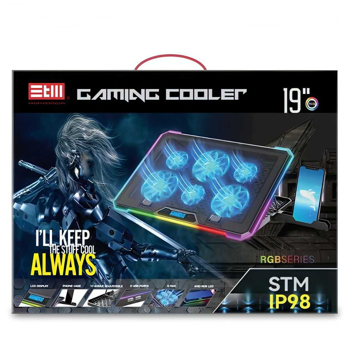 Регулируемая подставка для игровых ноутбуков, 6 вентиляторов, RGB LED подсветка, 10 углов наклона, держатель для смартфона, 2 USB, для экрана 13