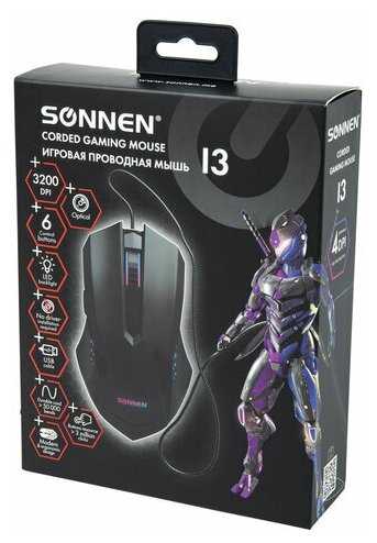 Мышь проводная игровая SONNEN I3, пластик, 6 кнопок, 800-3200 dpi, LED-подсветка, черная, 513523 фотография 1