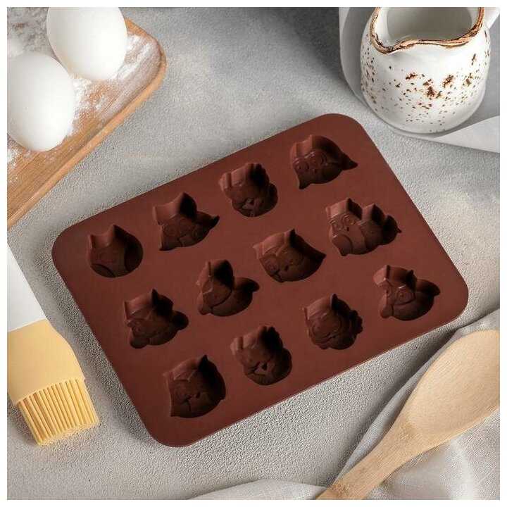 Форма для выпечки Доляна «Совята», 19×15 см, 12 ячеек, 3,5×3,5×1,5 см, цвет коричневый