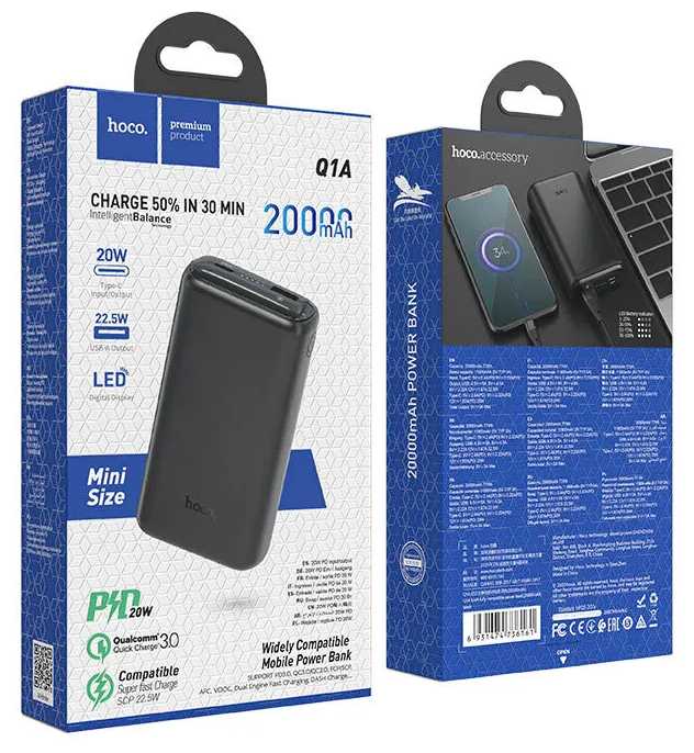 Внешний аккумулятор Hoco Q1A, 20000 мАч, PD 20W + QC3.0, 3 А, чёрный