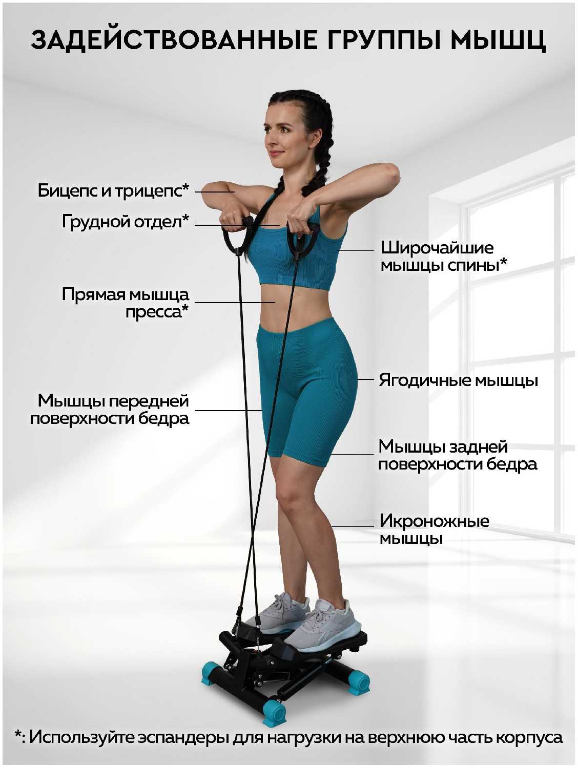 PLANTA Мини-степпер поворотный с эспандерами FD-STEP-002, домашний кардиотренажёр для похудения, для ног, бедер, ягодиц фотография 5