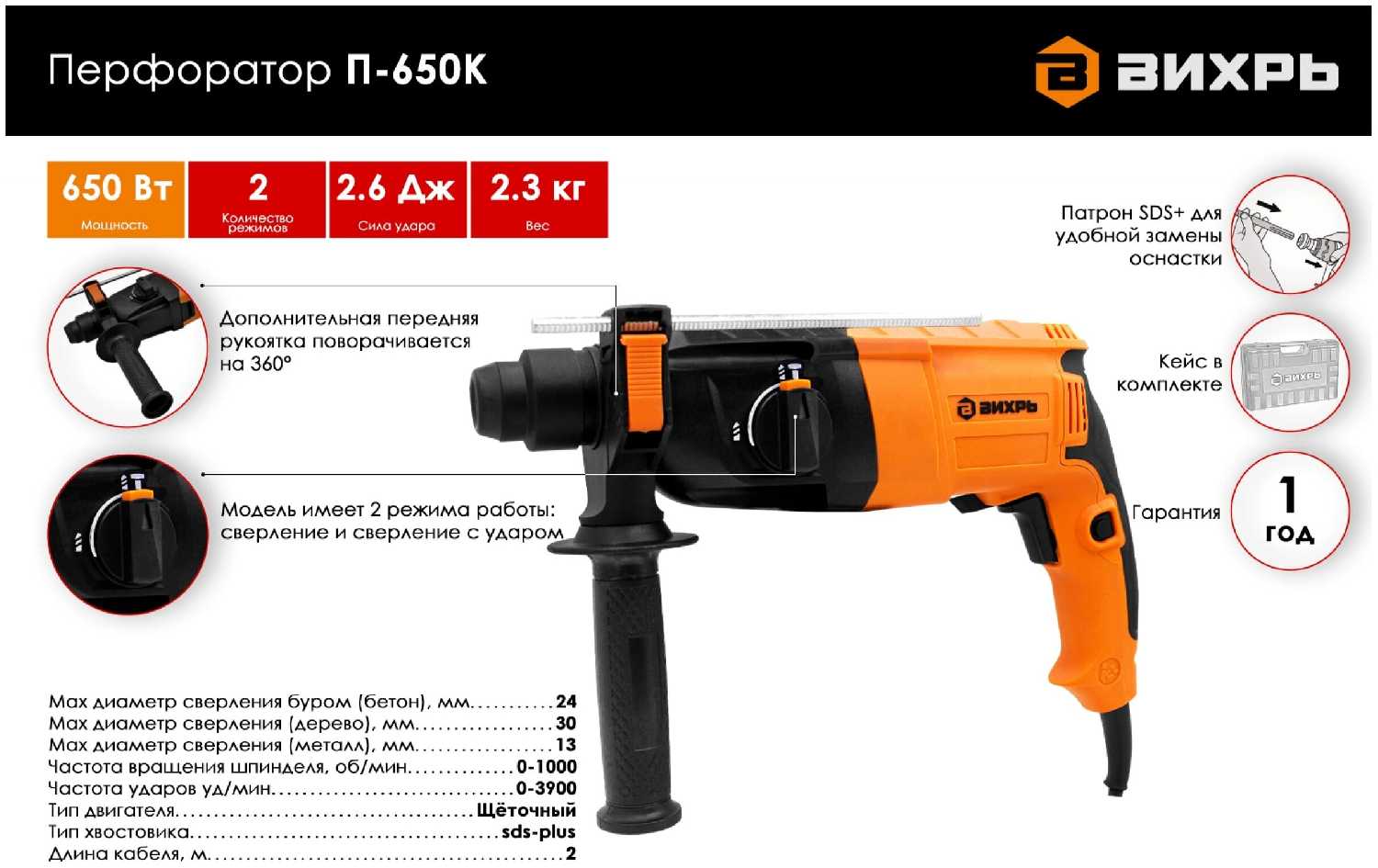 Перфоратор ВИХРЬ П-650К фотография 10