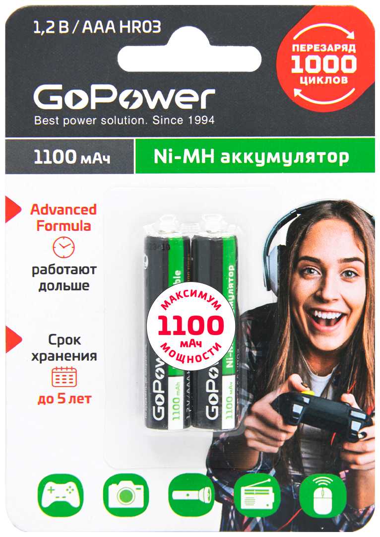 Аккумуляторная батарейка GoPower R03 AAA BL2 NI-MH 1100mAh 2шт.