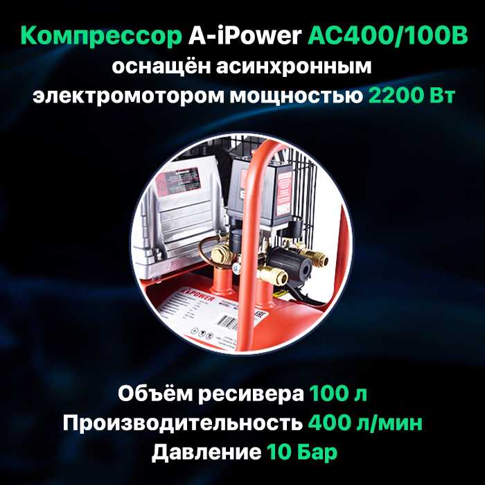 Компрессор поршневой A-iPower Компрессор поршневой A-iPower AC400/100B (10 Бар, 400 л/мин, 2200 Вт, 100 л, 72 кг) фотография 3