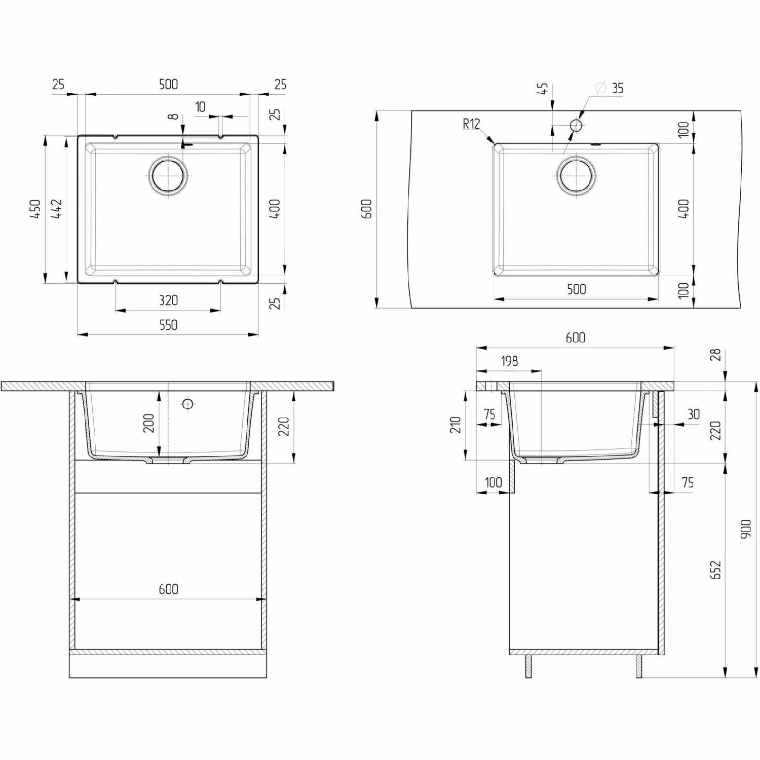 Раковина для кухни ULGRAN Quartz Underground 500 (550х450х220 мм) фотография 10