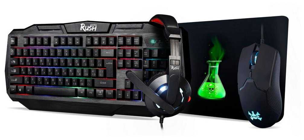 Игровой набор 4-в-1: клавиатура+мышь+гарнитура+коврик Smartbuy RUSH Venom (SBC-775G-K), черный фотография 1