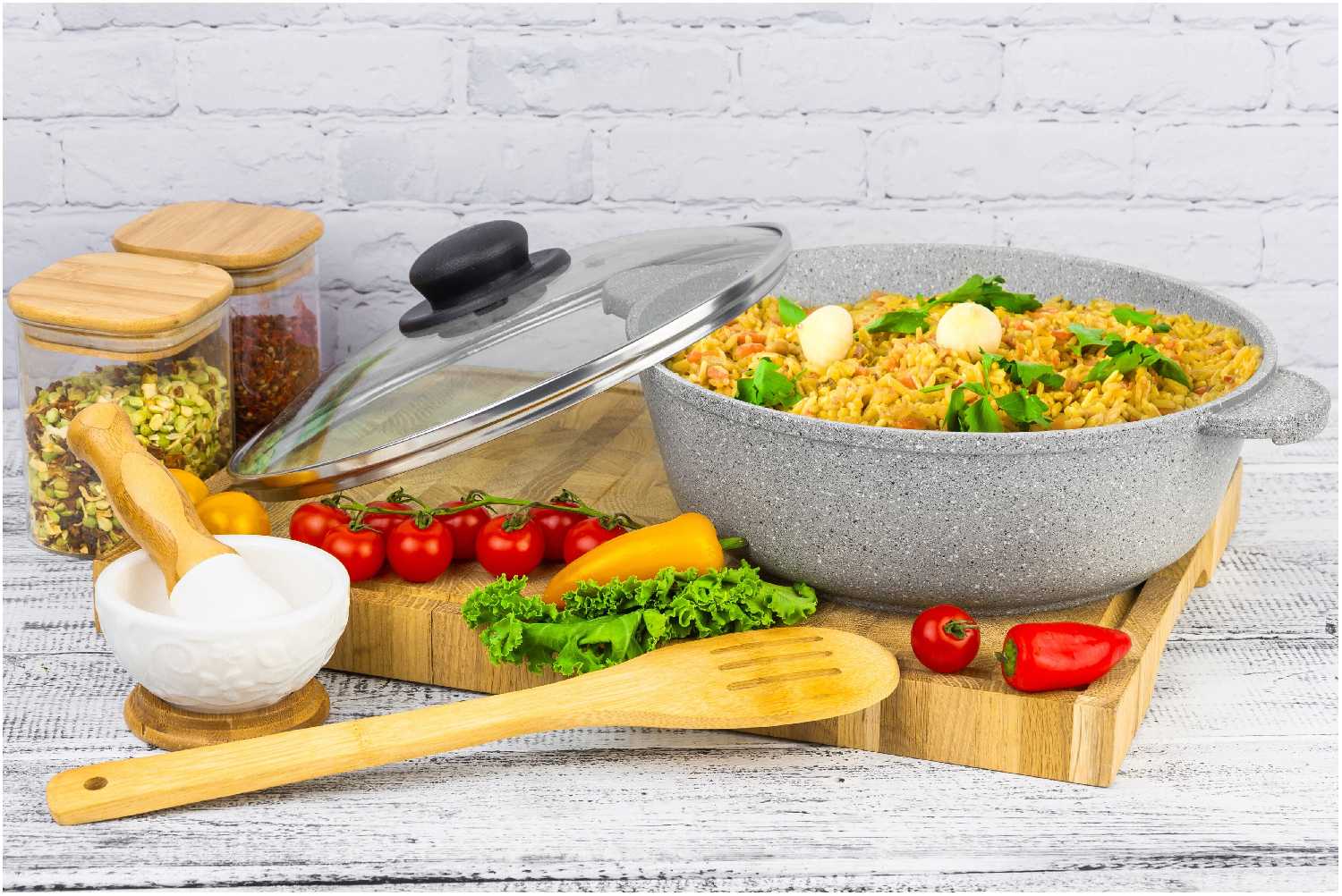 Жаровня-сотейник 3 л 24 см Elan Gallery гармония вкуса Серый агат с крышкой D24 фотография 7