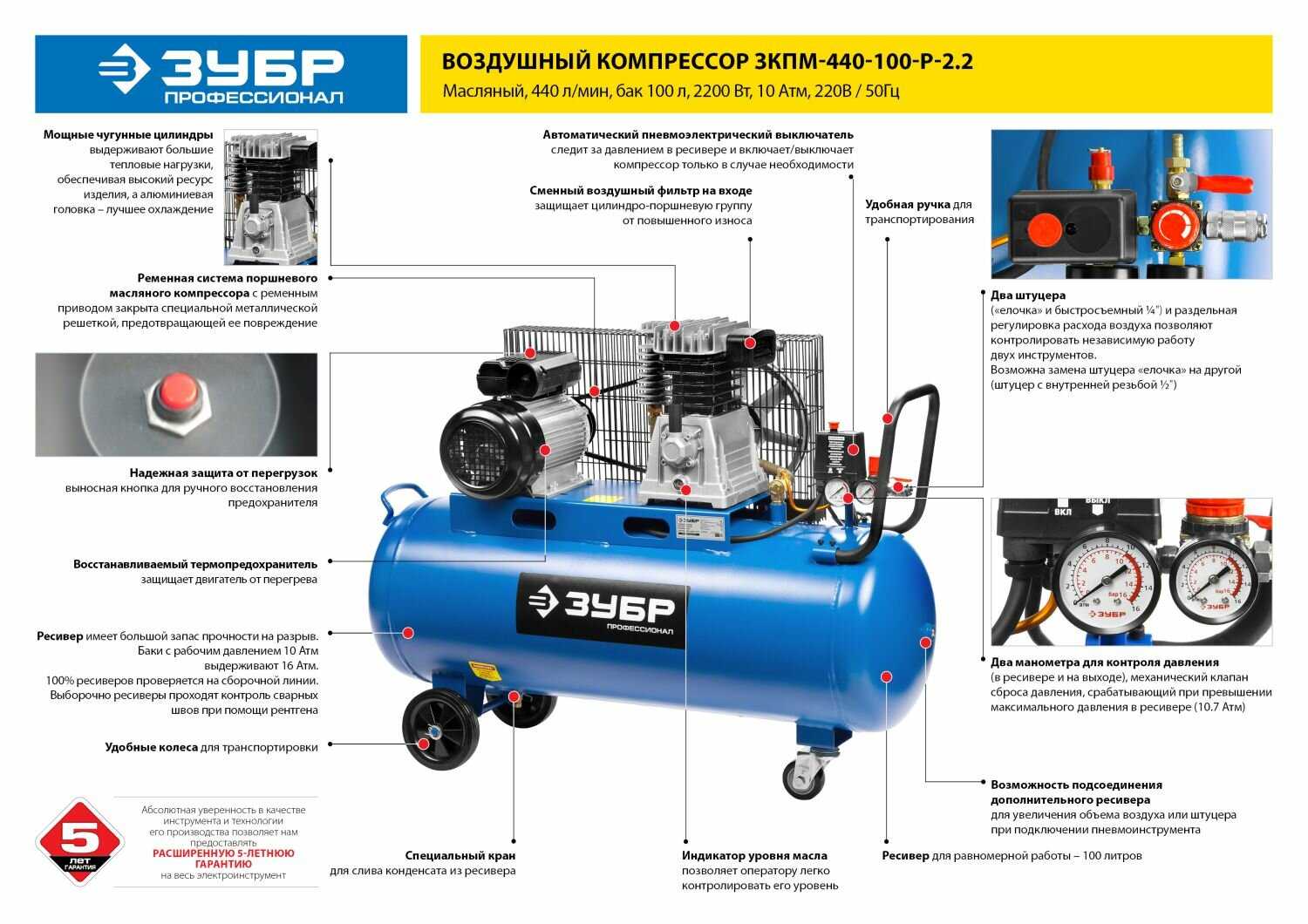 Компрессор ЗУБР ЗКПМ-440-100-Р-2.2, 2.2 кВт фотография 10