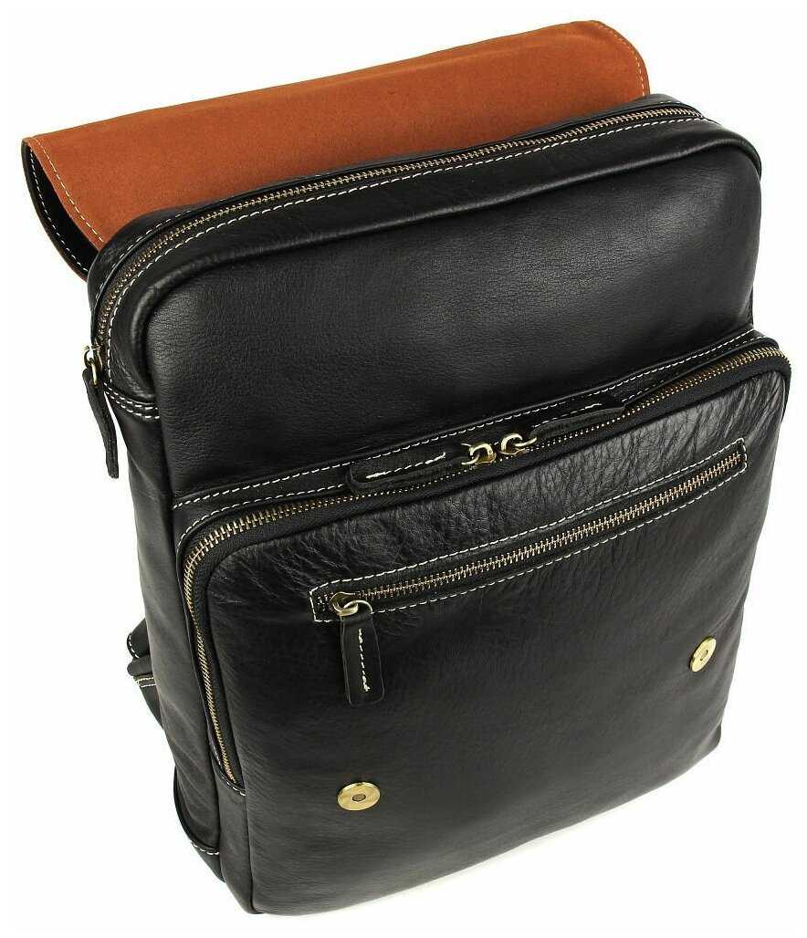 Рюкзак кожаный мужской городской для ноутбука Capsa с 3 наружными карманами и клапаном фотография 2