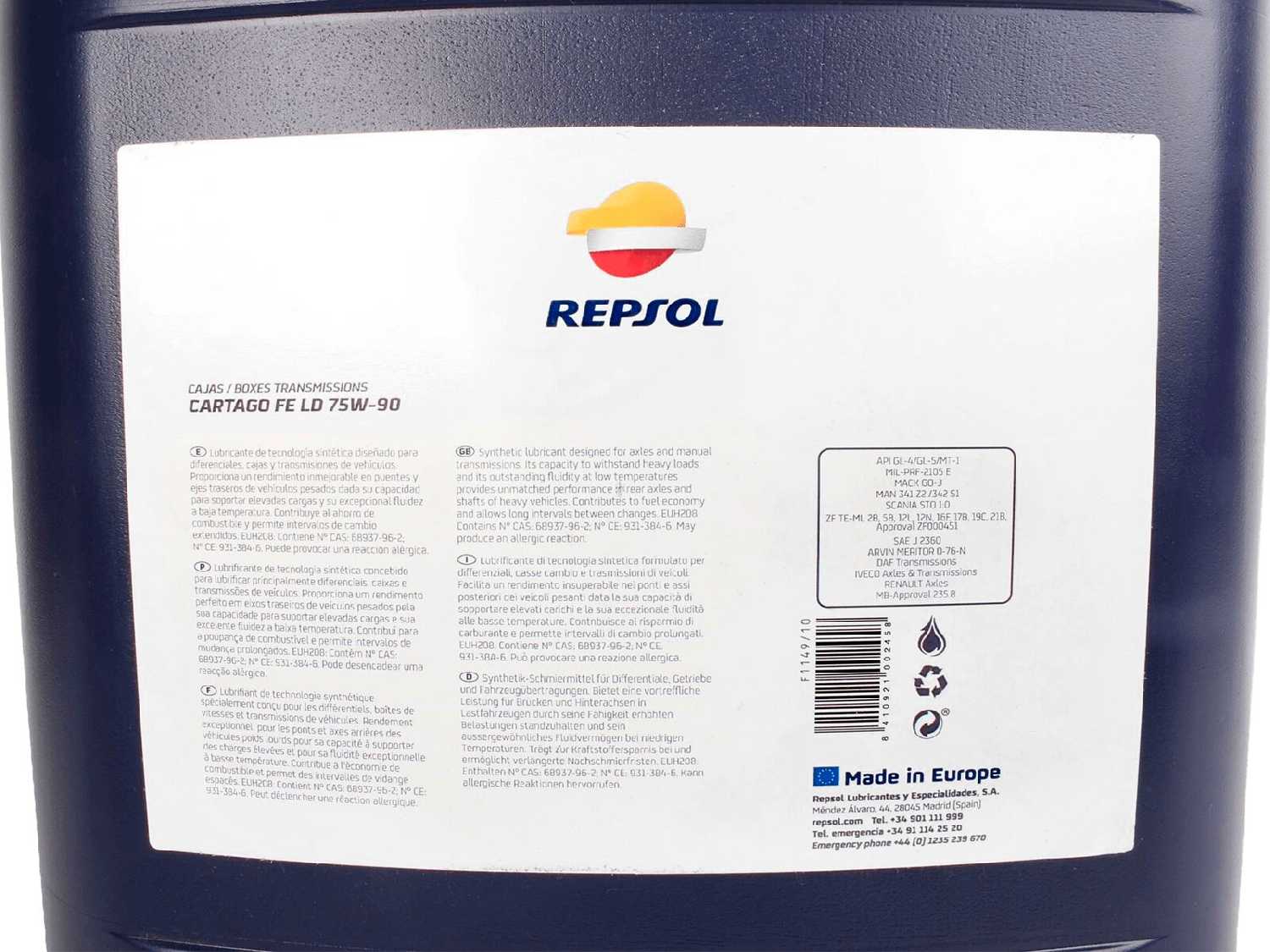 Трансмиссионное масло Repsol Cartago FE LD 75W-90 фотография 9