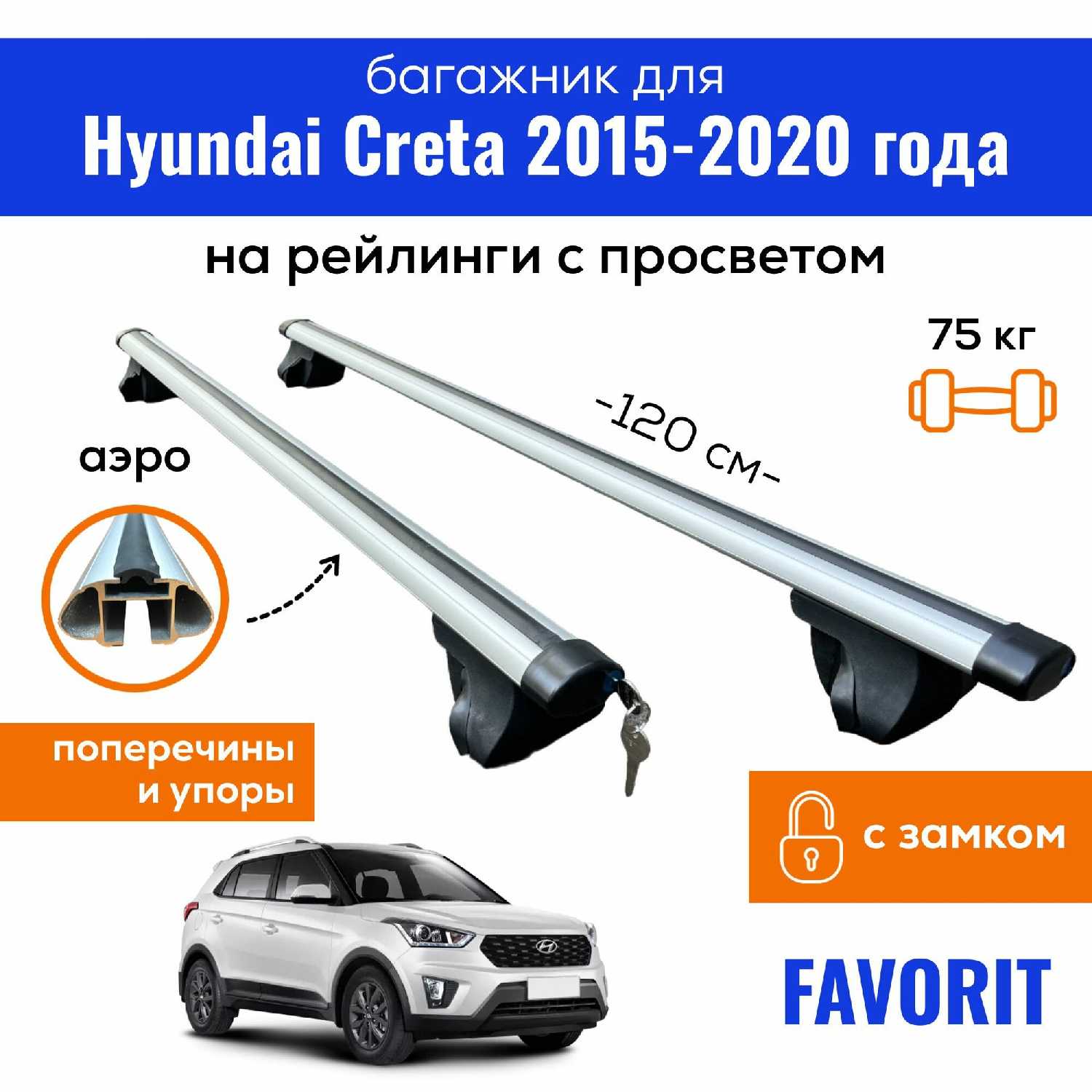 Багажник для Hyundai Creta (Хендай Крета) 2015-2020, Favorit-120 крыло Black, на рейлинги с просветом, (поперечины и упоры) фотография 11