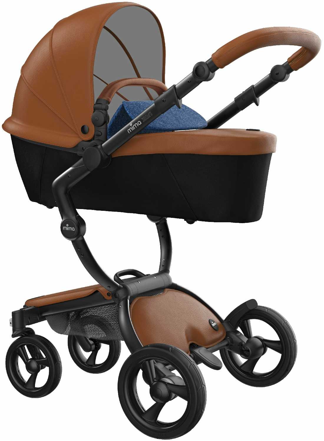 Коляска 2в1 Mima Xari Camel на чёрном шасси с матрасиками Denim Blue фотография 1