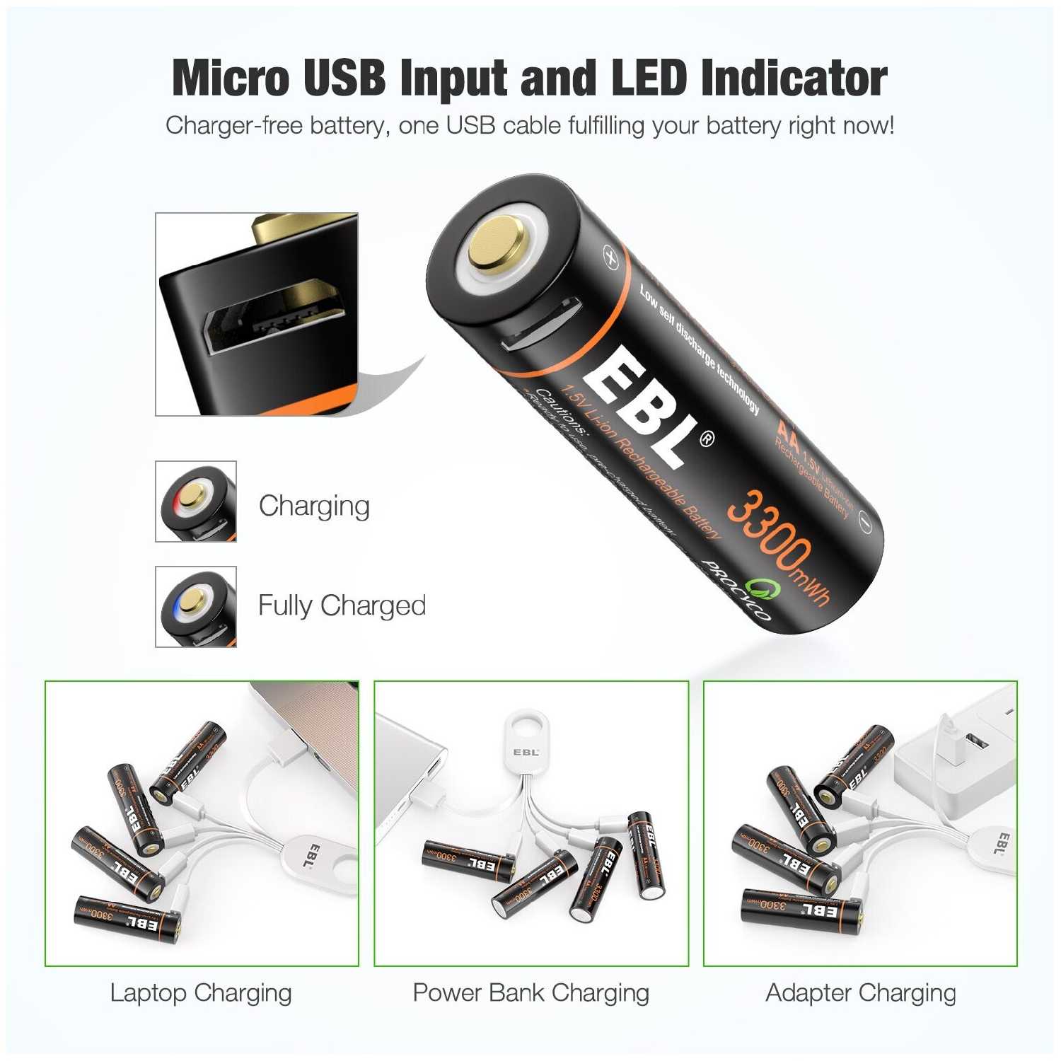 Аккумуляторные батарейки AA 1,5V Li-ion 3300 mWh с USB кабелем, 4 шт фотография 4