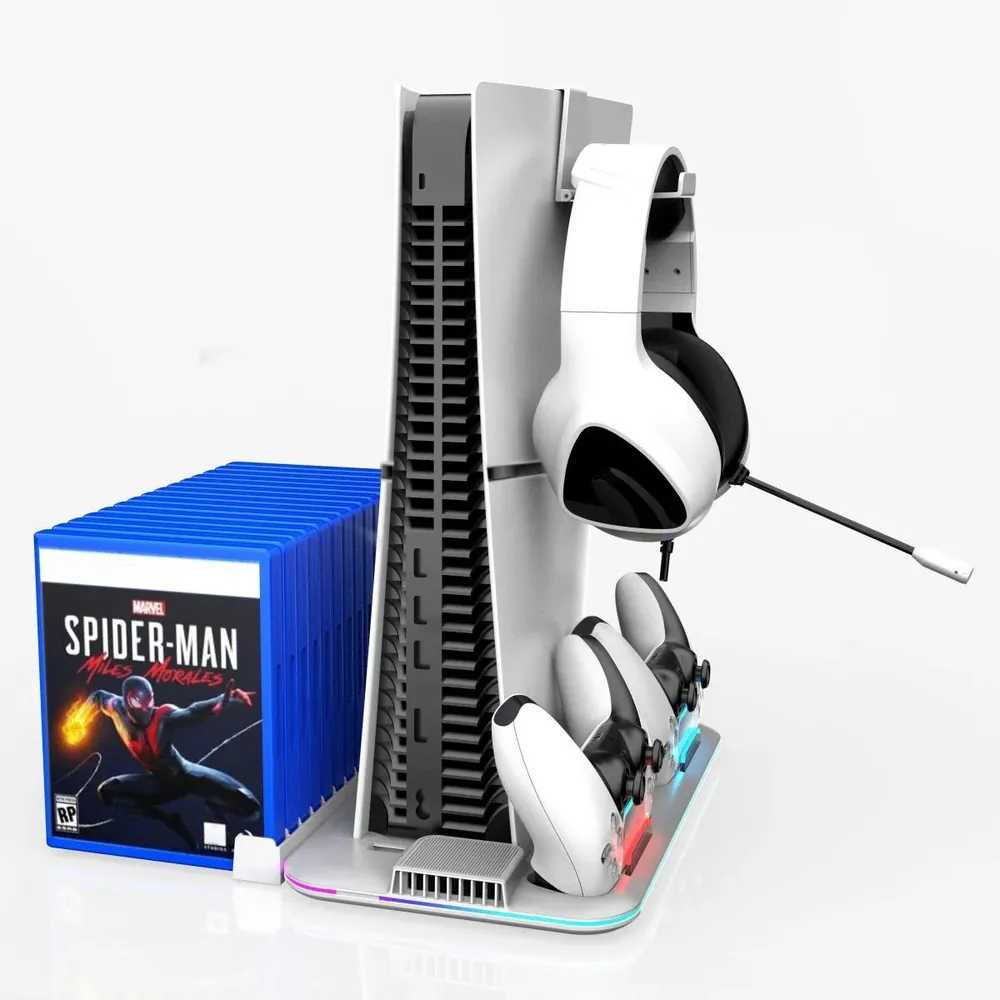 Подставка для игровой консоли PS5 slim с охлаждением + зарядная станция для 2-х геймпадов PS5 DualSense фотография 1