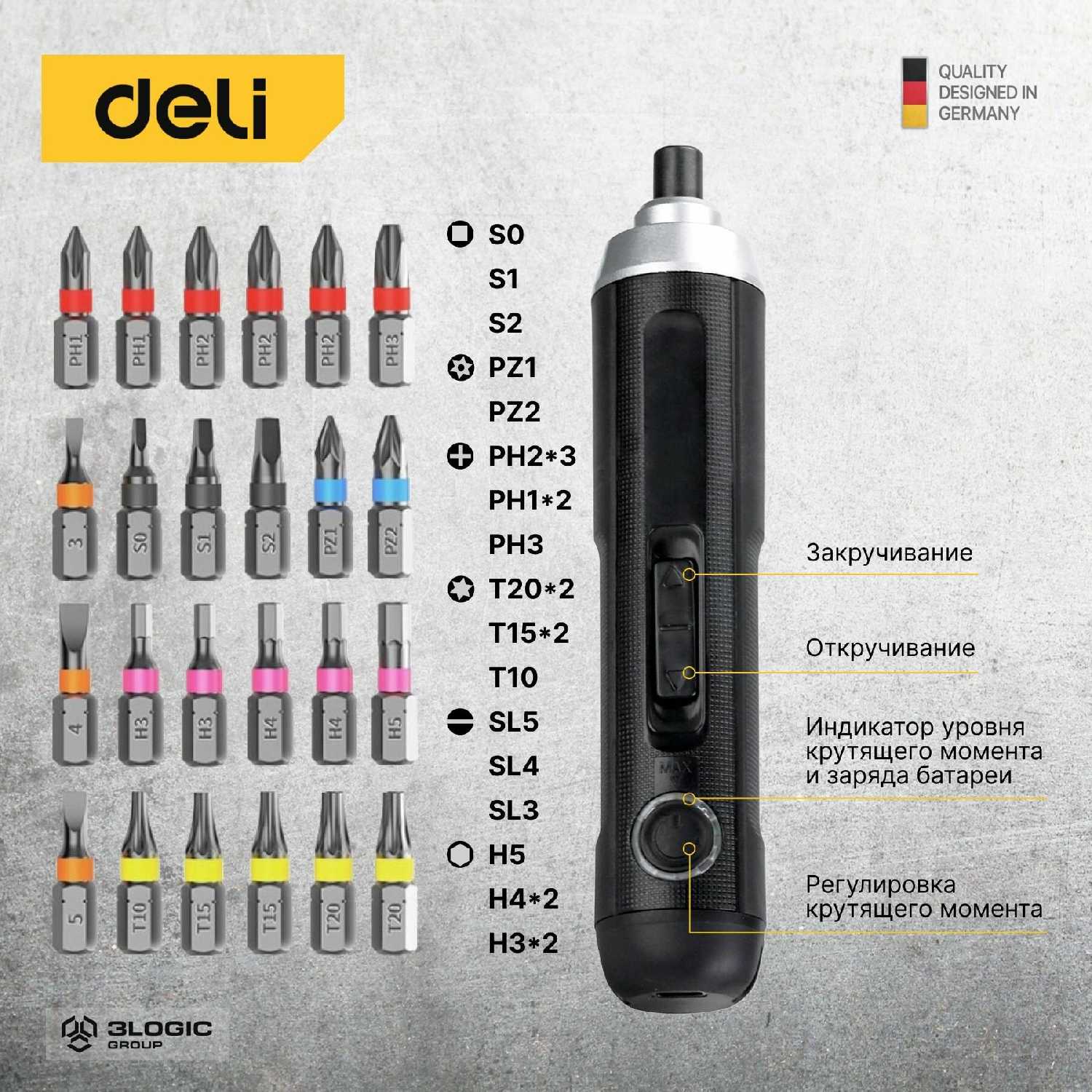 Отвертка аккумуляторная Deli Отвертка аккумуляторная прямая DL-DP04-E1B2 (3,6В, 2А/ч, 5Нм, реверс, подсветка, кейс) фотография 22