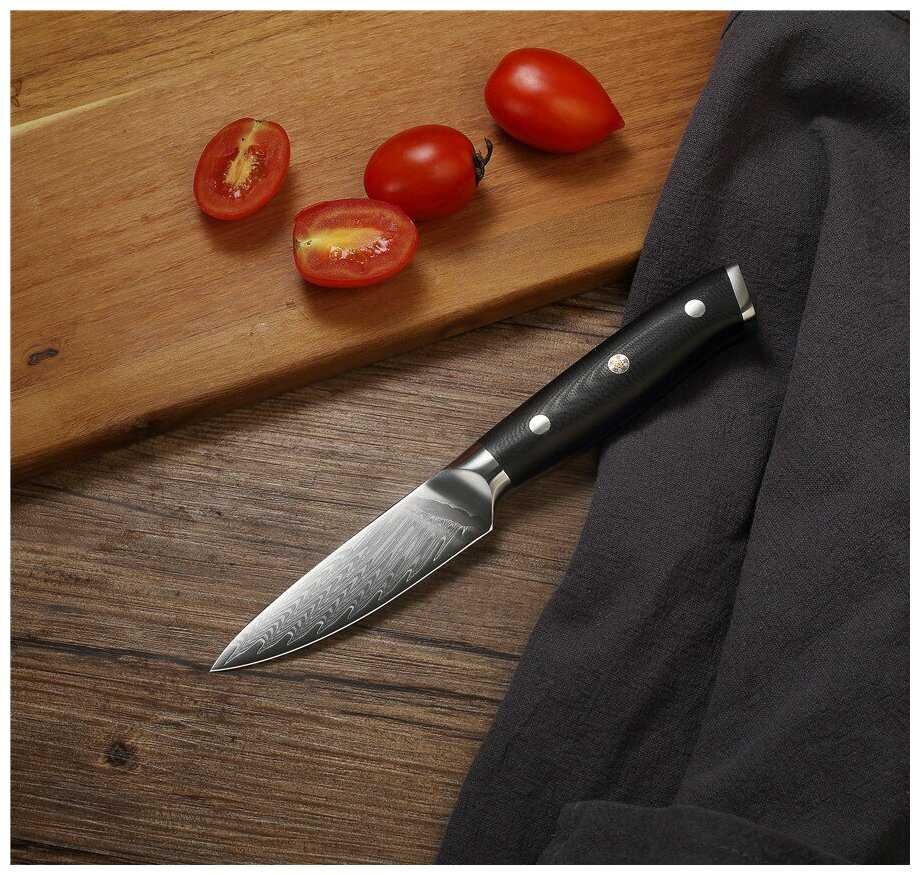 Коренчатый кухонный нож (Petty), TuoTown P90 613512, рукоять G10, клинок 9см (VG10-Damascus). фотография 2