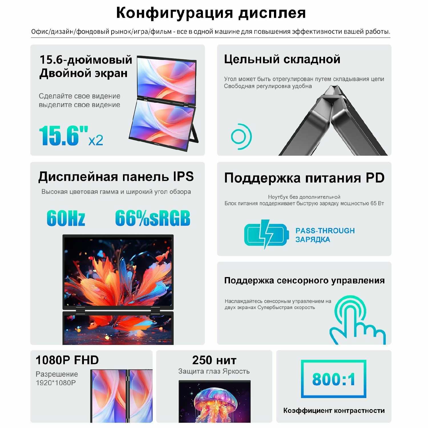Монитор ZEUSLAP Z15WT Двухэкранный сенсорный портативный монитор (Z15WT) фотография 1