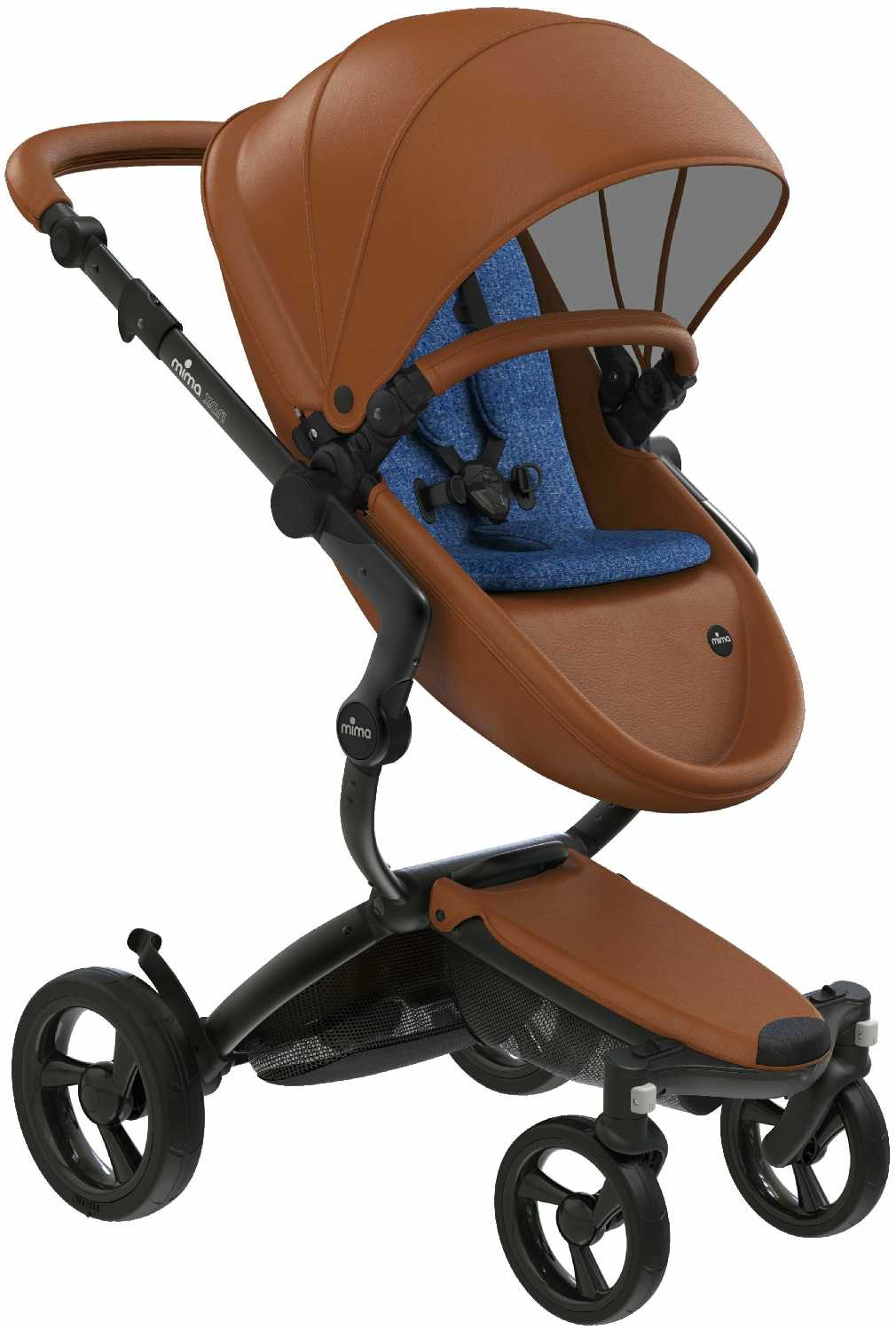 Коляска 2в1 Mima Xari Camel на чёрном шасси с матрасиками Denim Blue