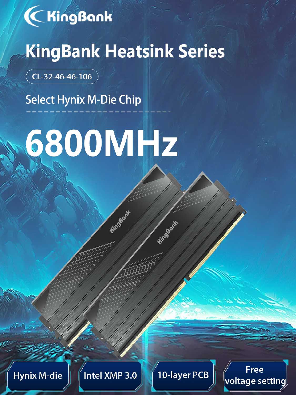 Модуль памяти Kingbank DDR5 6800MHz 224GB 48GB UDIMM New Heatsink (Hynix M-Die) фотография 29