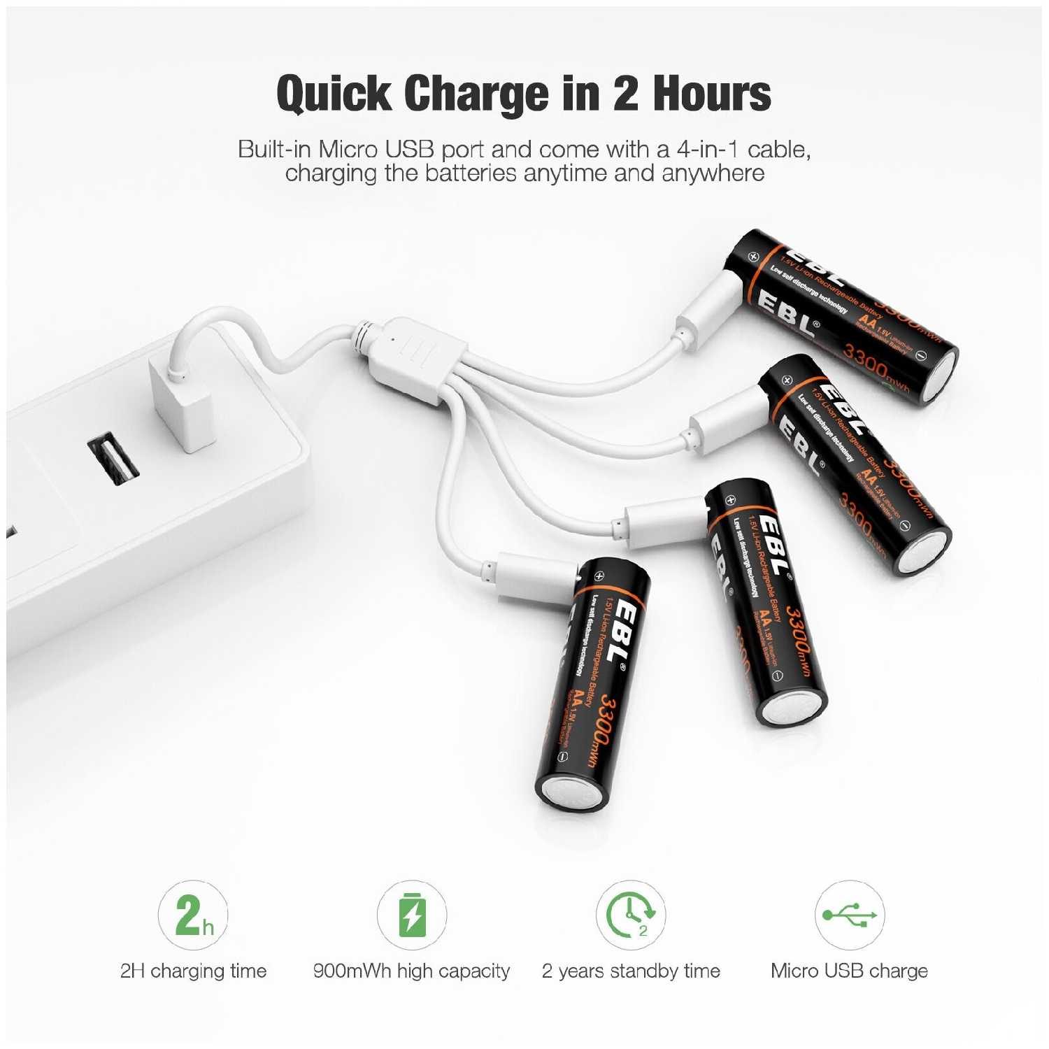 Аккумуляторные батарейки AA 1,5V Li-ion 3300 mWh с USB кабелем, 4 шт фотография 3