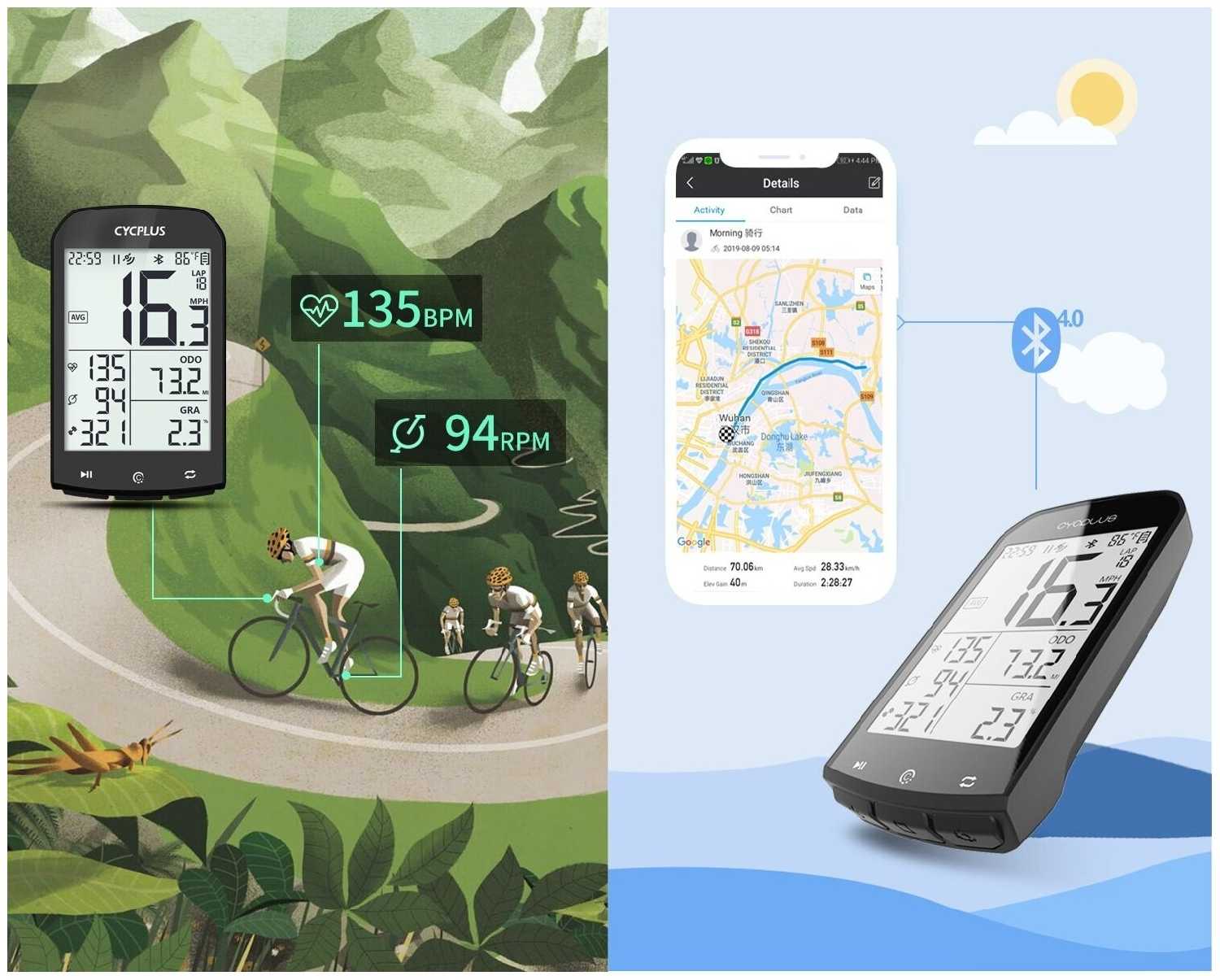 Беспроводной GPS велокомпьютер Cycplus М1, 16 функций (совместим с датчиками: скорости, каденса, мощности, пульса) фотография 3