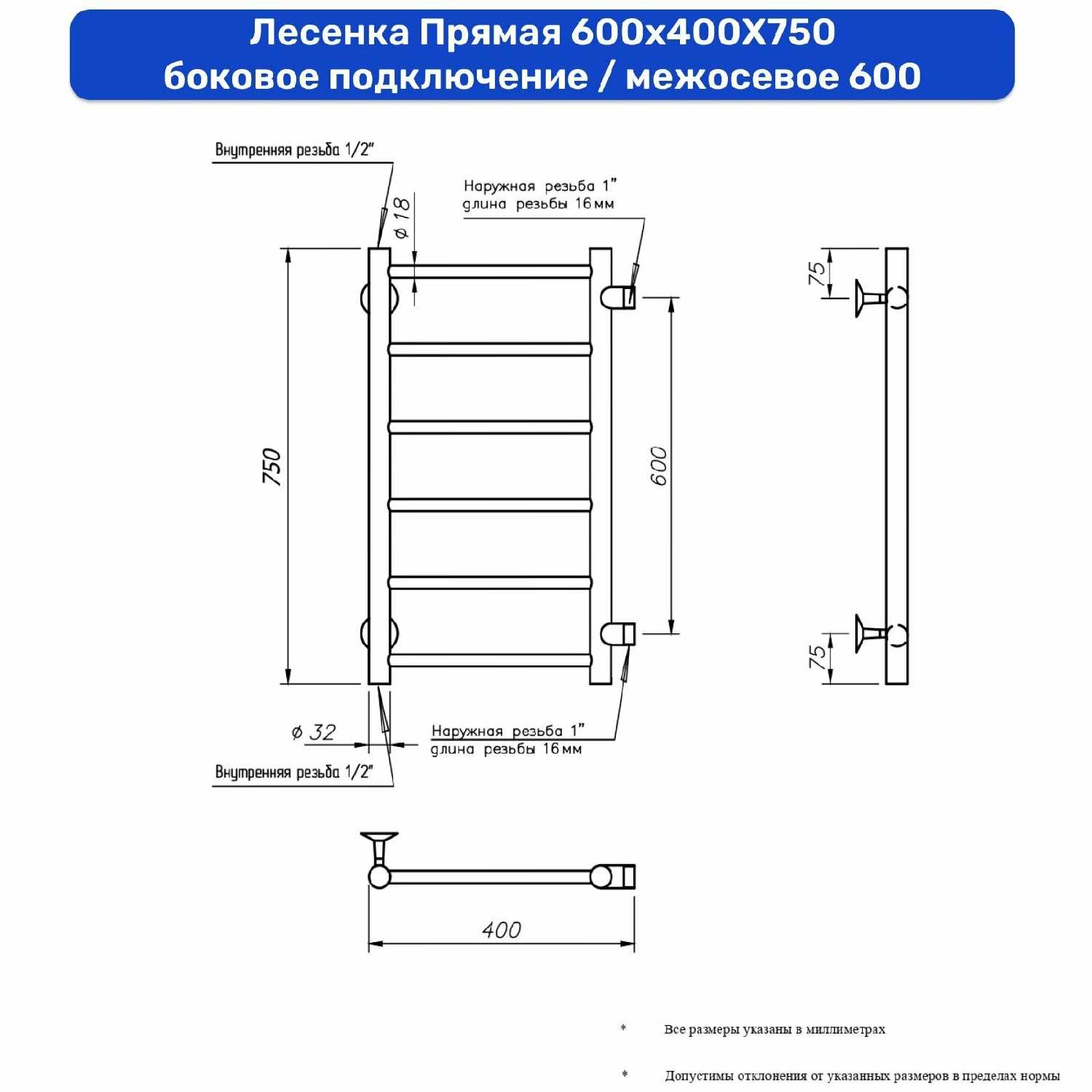 Полотенцесушитель Лесенка Прямая 600х400 фотография 10