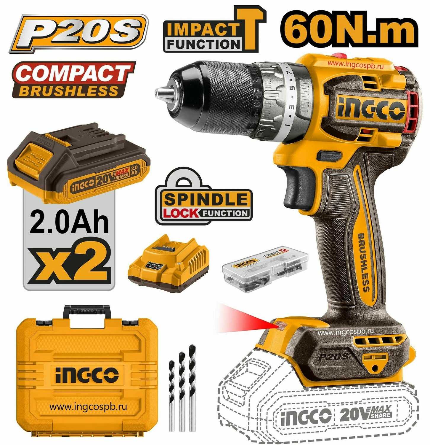 Аккумуляторный бесщеточный шуруповерт INGCO CDLI206021 INDUSTRIAL 20 В 60 Нм 22+1 фотография 3
