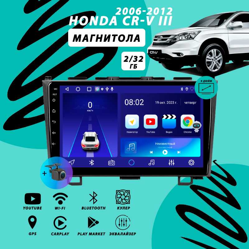 Магнитола Honda CR-V 3 (2006-2012) 4Гб+64Гб/Android/Carplay/кулер/Wi-Fi/Bluetooth/2din