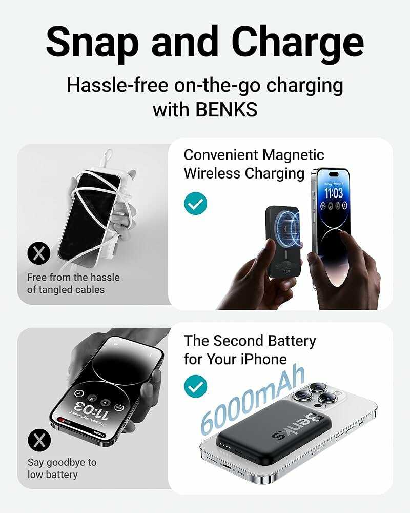 Магнитный аккумулятор с беспроводной зарядкой Benks MP10 Mini Wireless Power Bank (6000 mAh) фотография 2