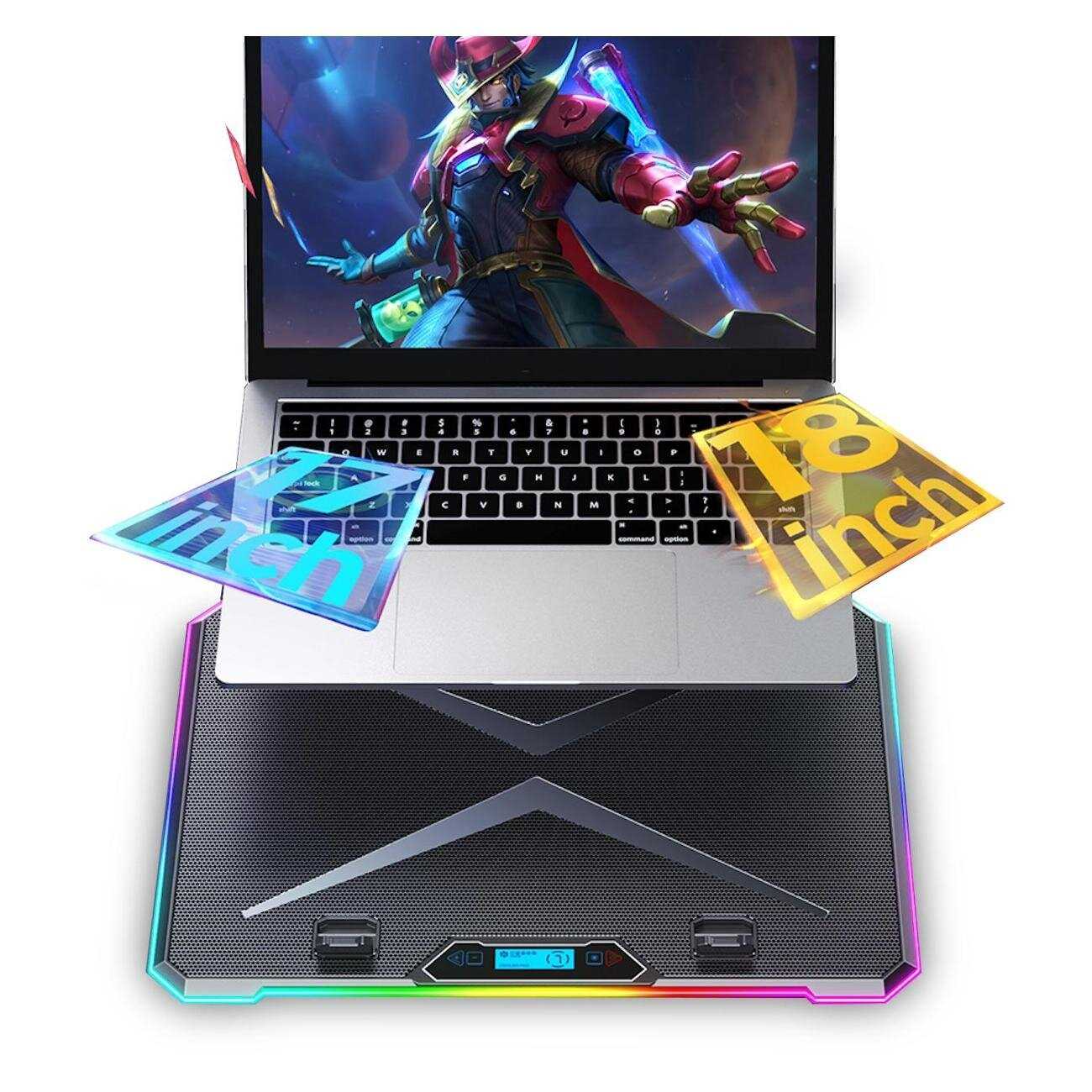 Регулируемая подставка для игровых ноутбуков, 6 вентиляторов, RGB LED подсветка, 10 углов наклона, держатель для смартфона, 2 USB, для экрана 13