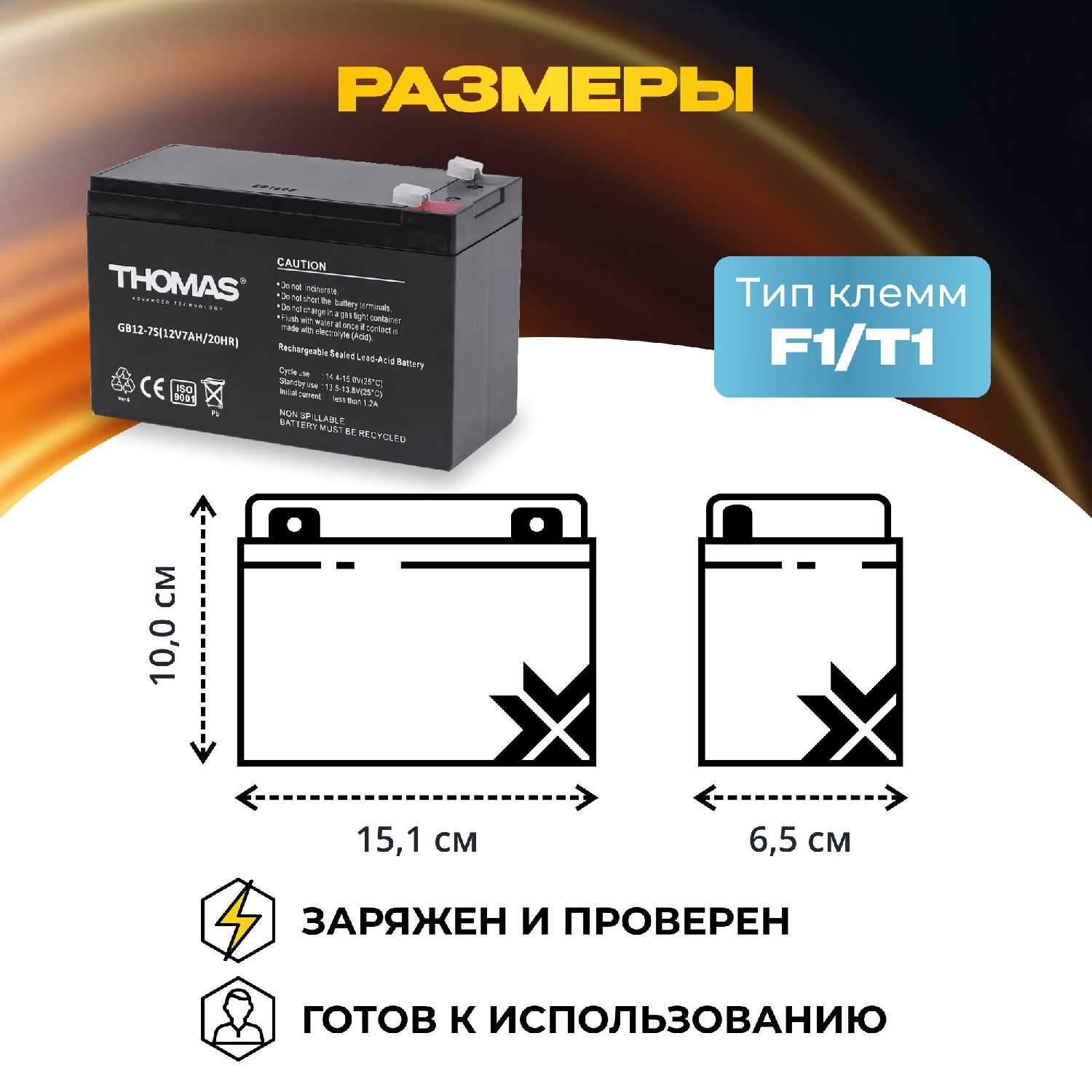 Аккумулятор THOMAS AGM F1/T1 (12V 7Ah) фотография 10