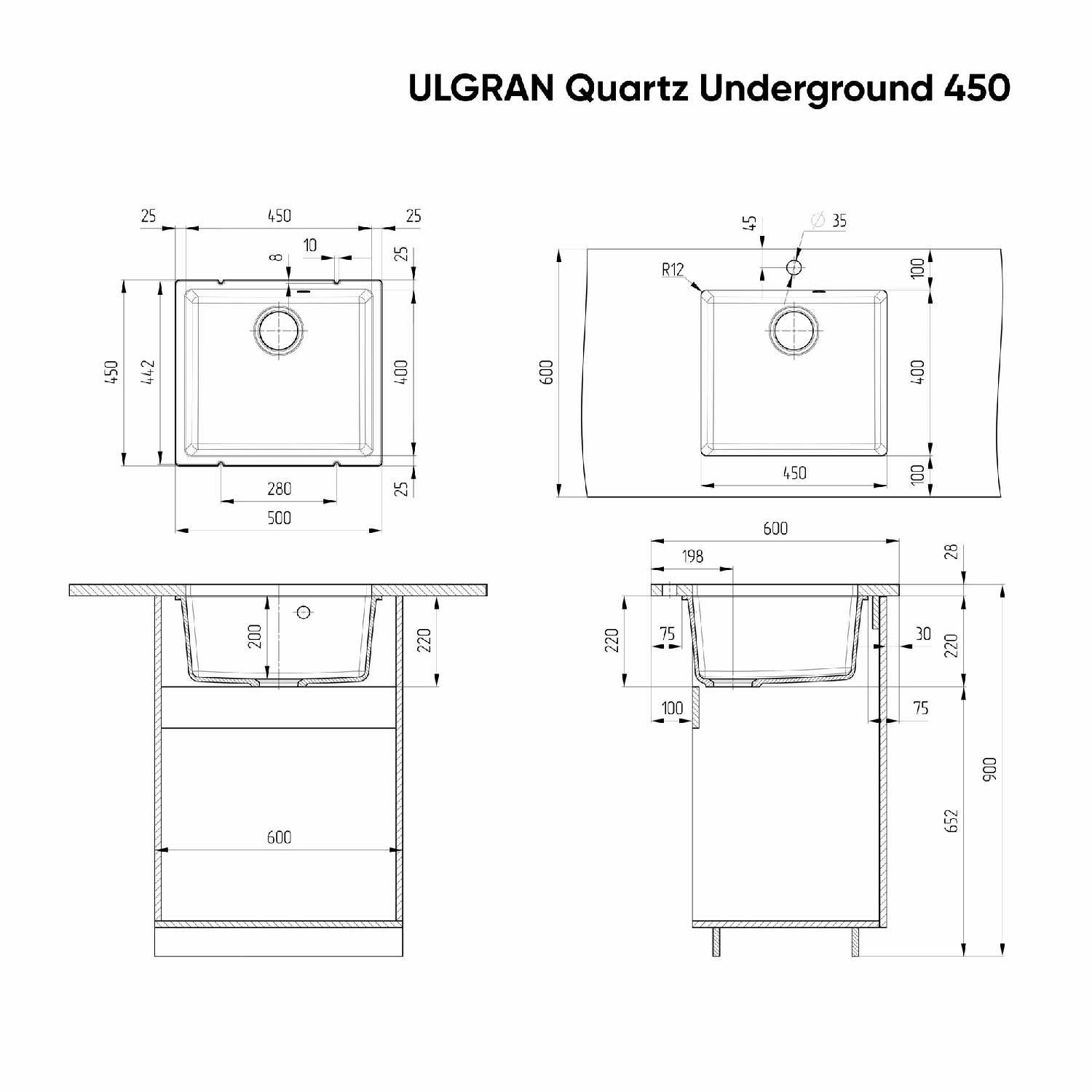 Мойка каменная ULGRAN Quartz Underground 450 (500х450х220 мм) фотография 3