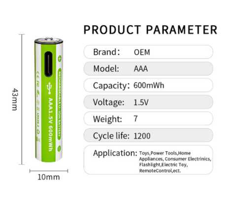 Аккумуляторные батарейки AAA 1,5V 600 mWh (2 шт.) фотография 4
