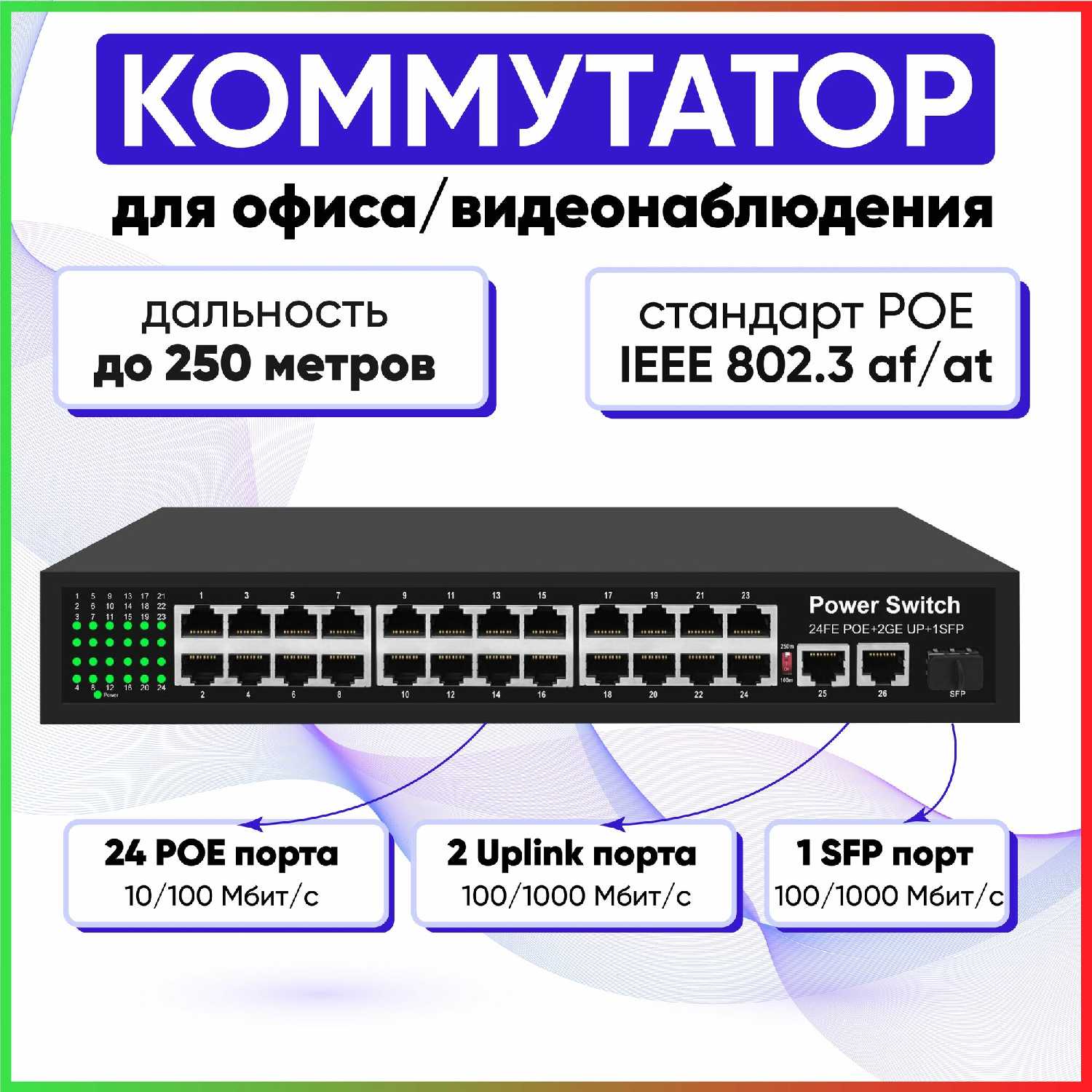 Коммутатор (свитч) 16 POE (802.3af/at) + 2 ETH 1000Mbs, 1 SFP