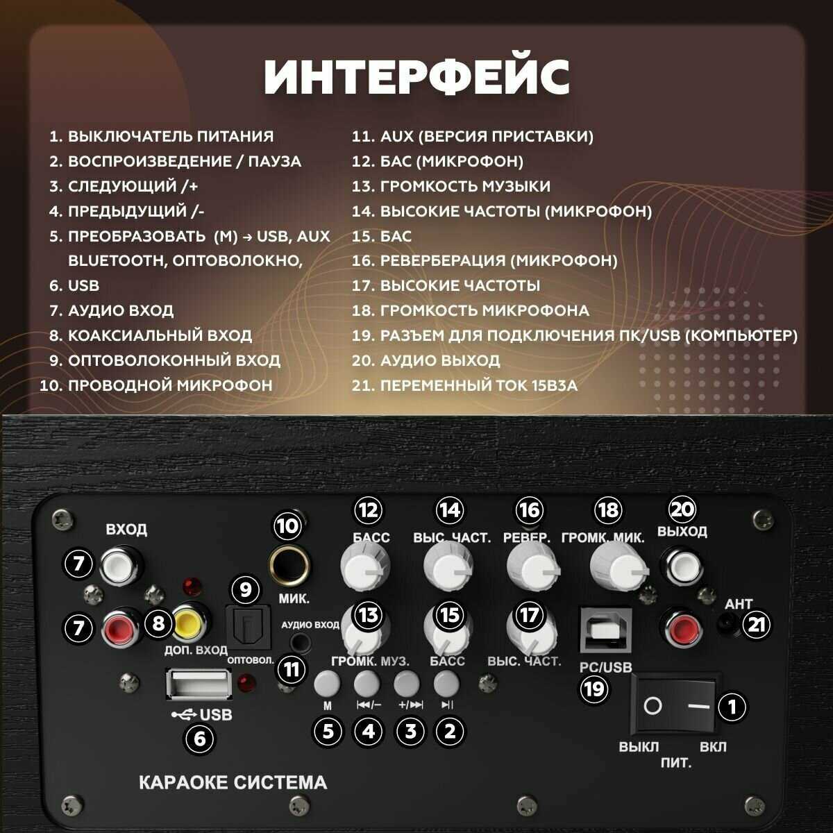 Караоке система для дома/телевизора с двумя беспроводными микрофонами, портативной блютуз колонкой фотография 5