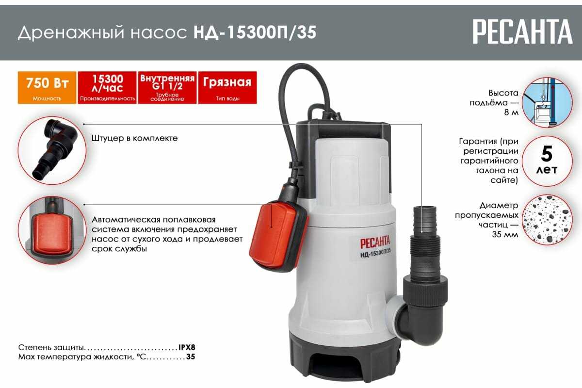 Дренажный насос Ресанта НД-15300П/35 750Вт фотография 14