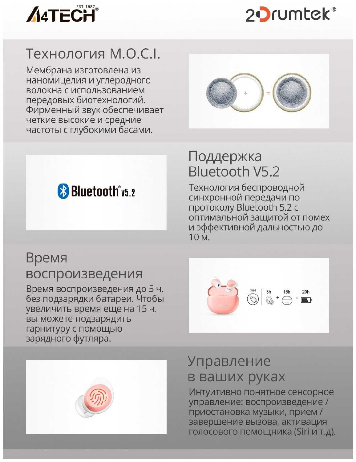 Гарнитура A4Tech 2Drumtek B27 TWS фотография 9
