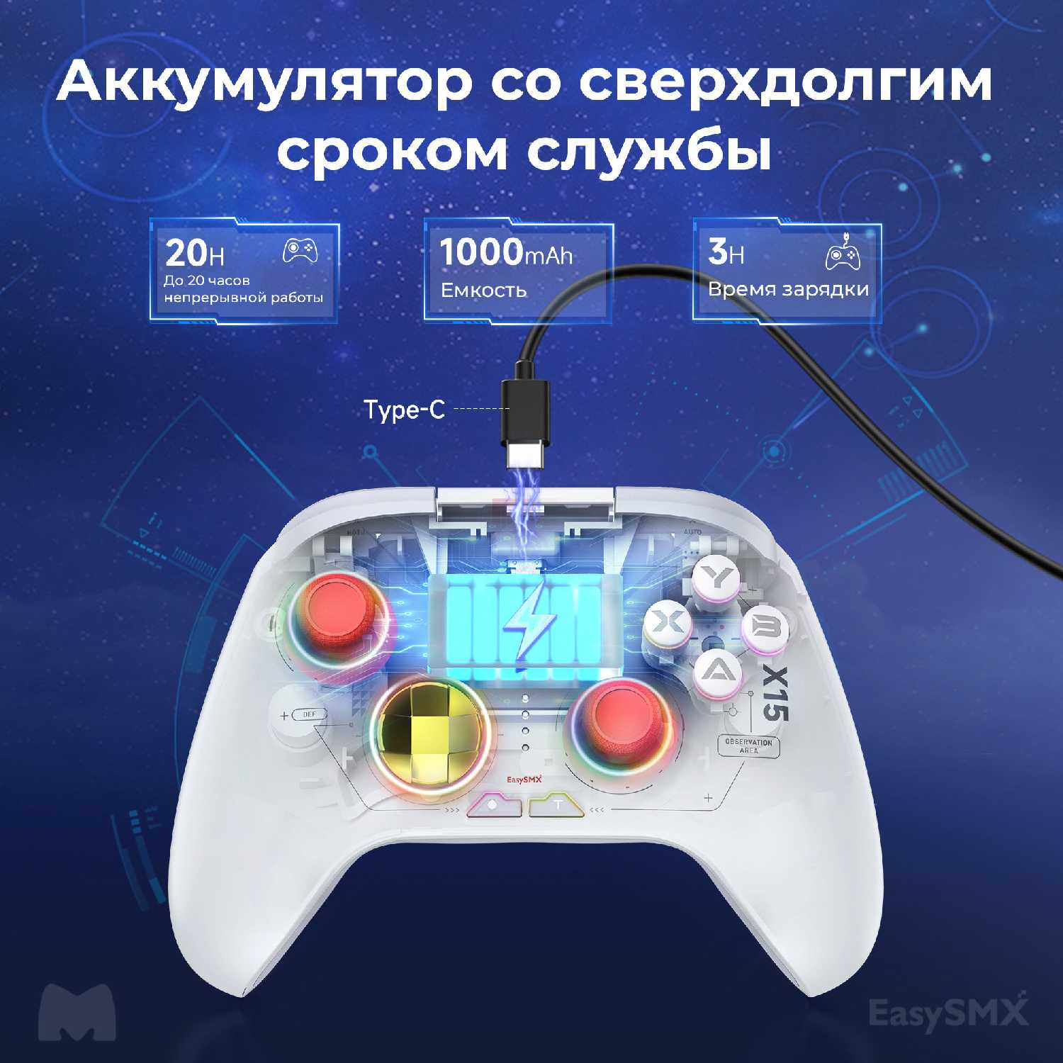 Беспроводной геймпад EasySMX X15 с RGB подсветкой / датчики Холла на триггерах/стиках (VG-C448) фотография 14